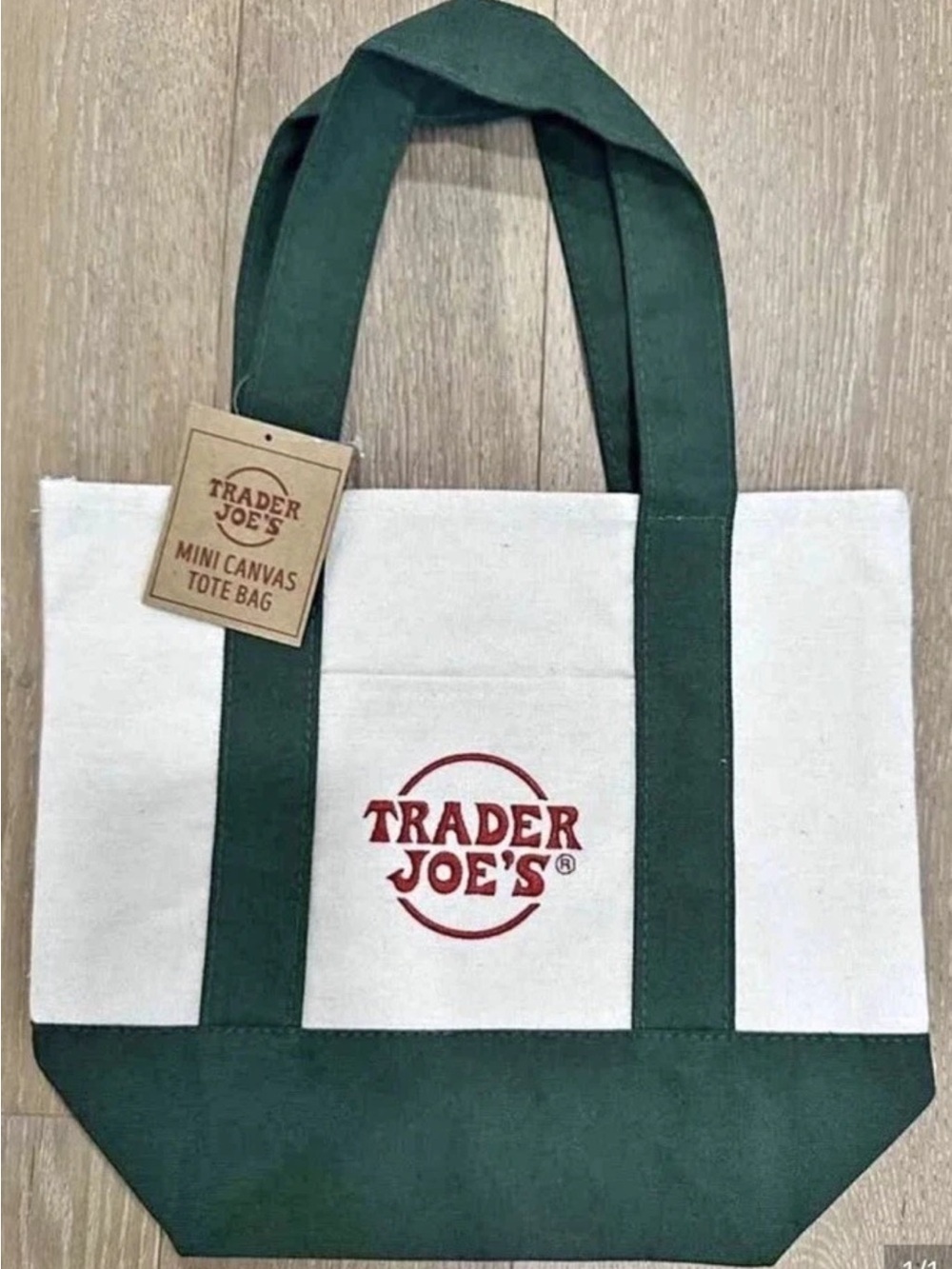 Trader Joe's Cream and Green Mini Canvas Tote Bag - Picture 3 of 4